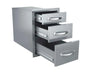 All three drawers pulled out showing the three storage bins and side-mounted soft-close slide rails.