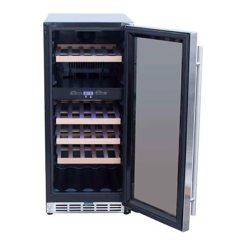 Summerset RFR-15WD built-in dual zone cooler open with digital controls and wood racking shelves.