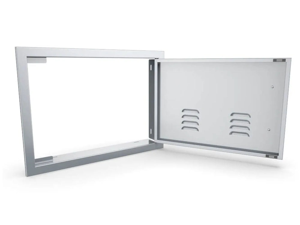 Sunstone BA-VDHR1420 14x20 vented door open, showing removable stainless frame and inner vented panel for outdoor kitchen access.