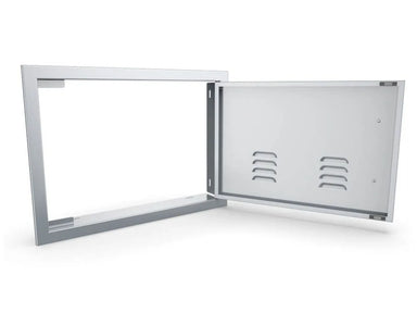 Sunstone BA-VDHR1420 14x20 vented door open, showing removable stainless frame and inner vented panel for outdoor kitchen access.