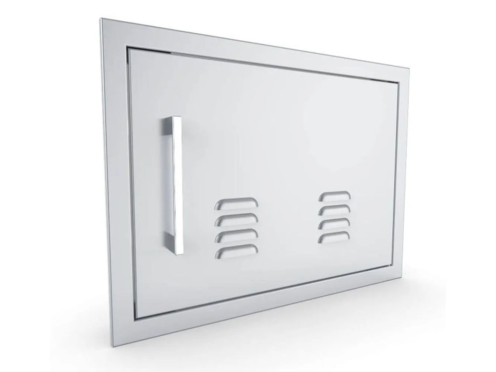 Angled view of Sunstone BA-VDHR1420 beveled stainless vented access door with left-side handle and flush-mount trim.