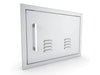 Angled view of Sunstone BA-VDHR1420 beveled stainless vented access door with left-side handle and flush-mount trim.