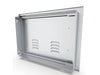 Rear view of Sunstone BA-VDHR1420 14x20 vented access door showing hinge bracket, mounting frame, and installation flange.
