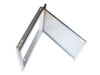 Angled open view of Sunstone BA-DH2027 20x27 reversible stainless access door highlighting hinge design and mounting slots.