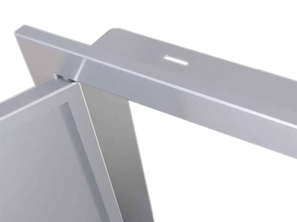 Close-up of Sunstone BA-DV2027 beveled stainless frame corner showing mounting slot and clean welded trim detail.