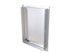Rear view of Sunstone BA-DV2027 stainless vertical access door showing mounting frame, hinge channel, and installation flange.