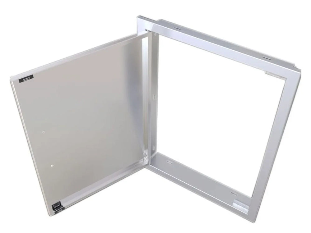 Sunstone BA-DV2027 beveled vertical access doors shown as left- and right-swing options with matching 304 stainless panels.