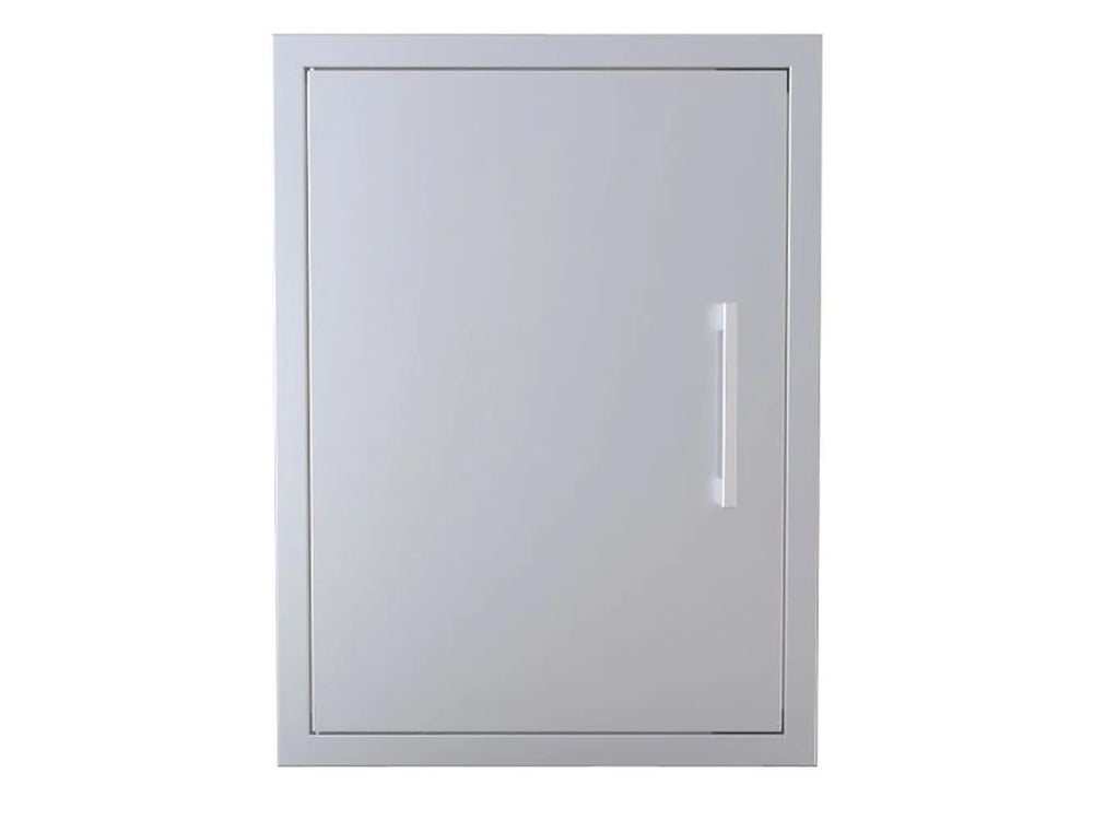 Front view of Sunstone BA-DV2027 304 stainless beveled vertical access door with slim handle and flush-mount frame.