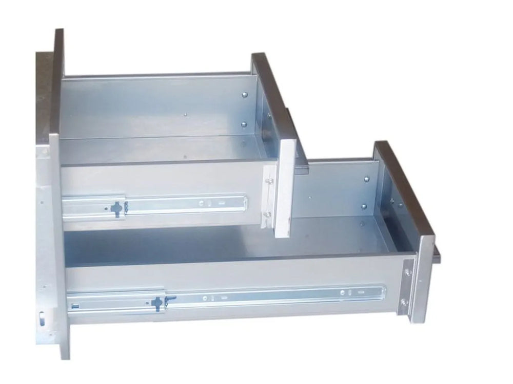 Sunstone BA-DD12 double drawer box showing soft-close slide rails and stainless steel construction for outdoor kitchen storage.