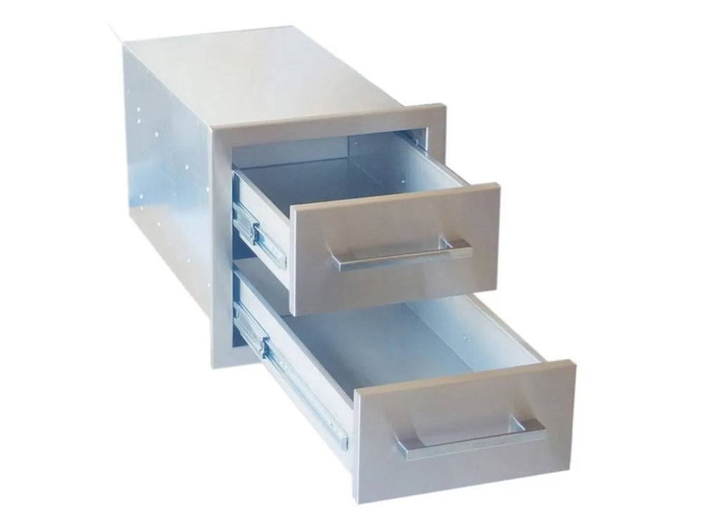 Angled view of Sunstone BA-DD12 12" soft-close double access drawer with both stainless steel drawers extended on full-extension slides.