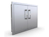 Angled view of Sunstone BA-DD30 beveled double access doors in 304 stainless steel for outdoor kitchen island storage.