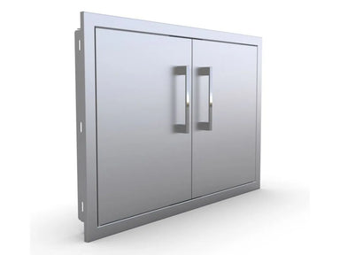 Angled view of Sunstone BA-DD30 beveled double access doors in 304 stainless steel for outdoor kitchen island storage.