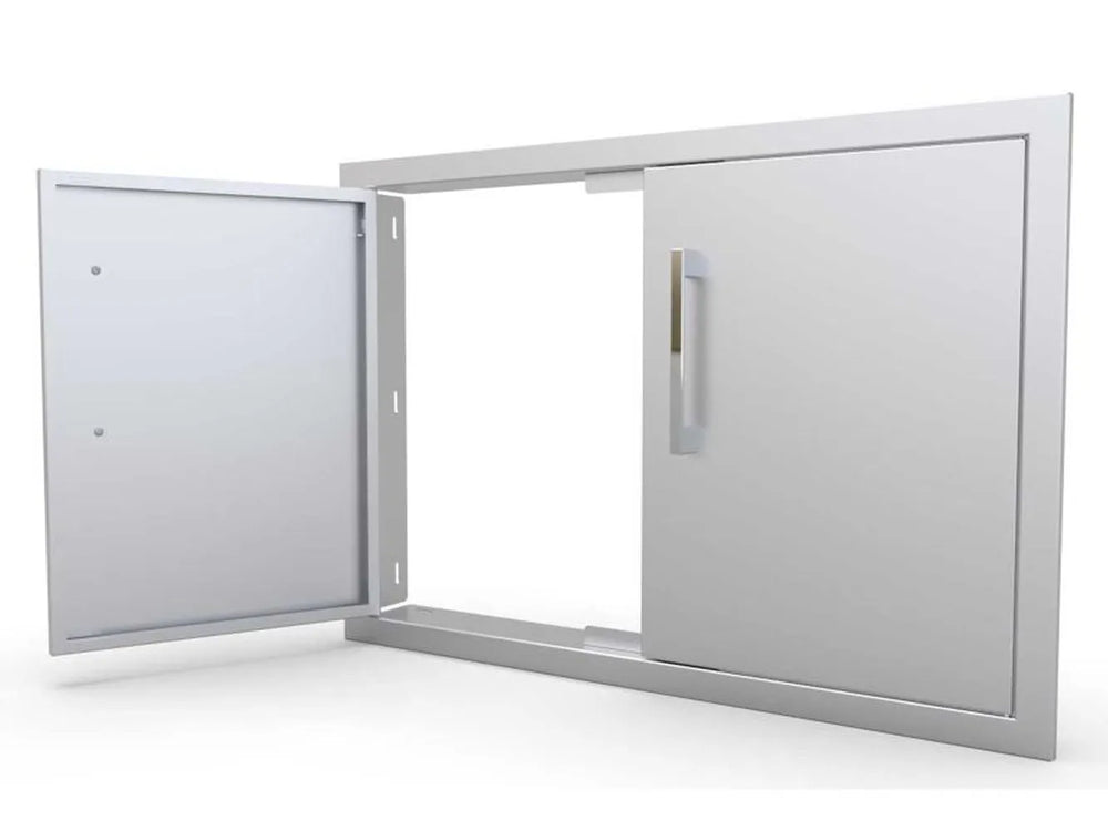 Sunstone BA-DD30 30" double access door open, showing interior storage access and hinged 304 stainless steel construction.