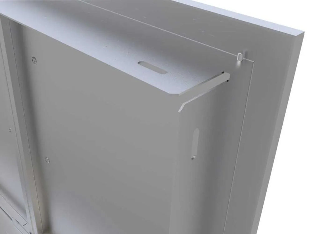 Close-up of Sunstone BA-DD30 beveled trim and stainless steel door edges on 30-inch double access door.