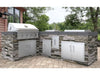 Outdoor kitchen island with Sunstone stainless steel access doors and grill, stone veneer base, and storage access panels.