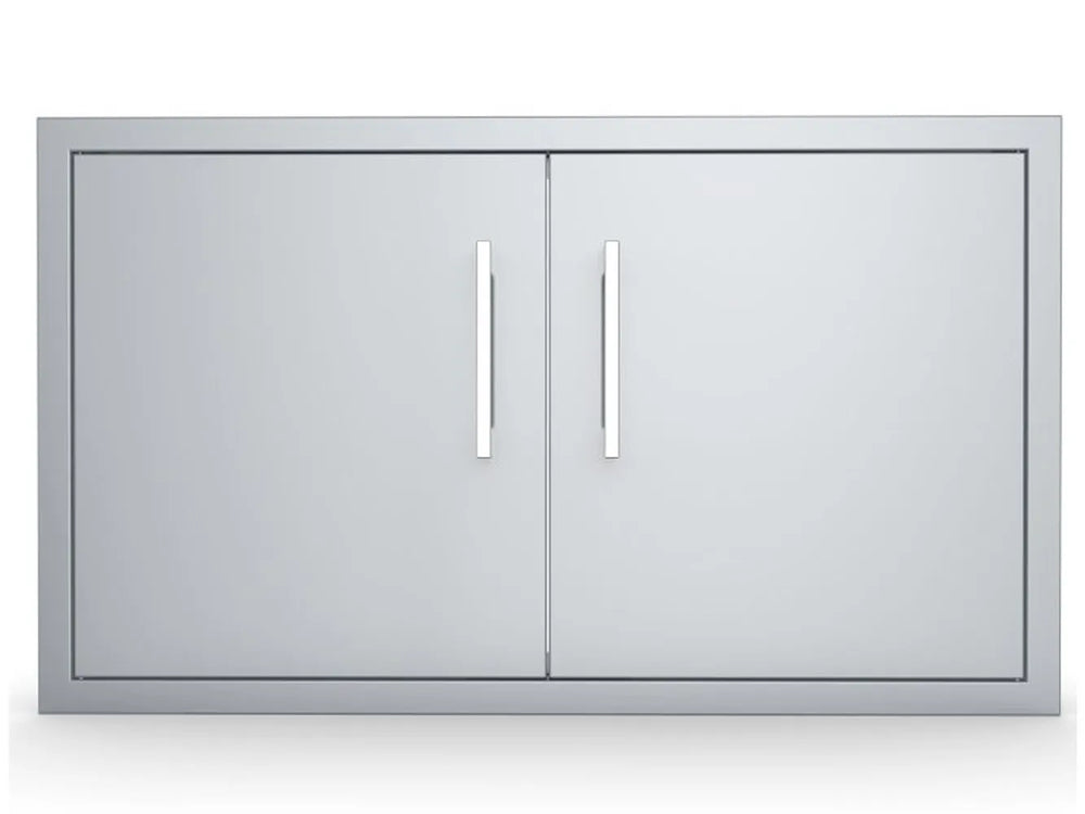 Sunstone BA-DD36 36-inch double access doors in 304 stainless steel with raised frame and two vertical bar handles.