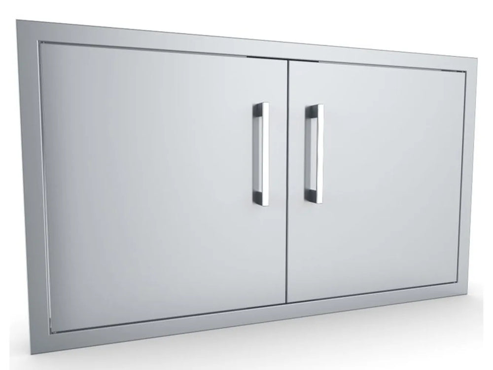 Angled view of Sunstone BA-DD36 36-inch double access doors brushed 304 stainless steel, clean flush panels and bar pulls.
