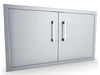 Angled view of Sunstone BA-DD36 36-inch double access doors brushed 304 stainless steel, clean flush panels and bar pulls.