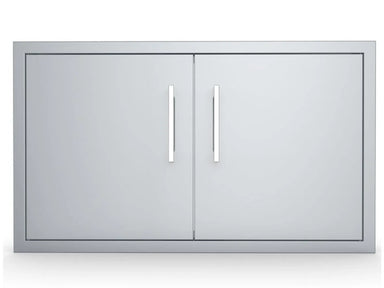 Sunstone BA-DD36 36-inch double access doors in 304 stainless steel with raised frame and two vertical bar handles.