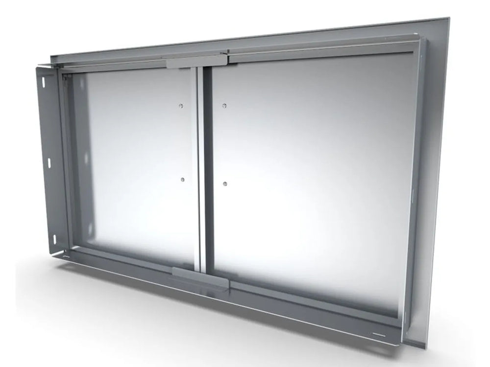 Back view of Sunstone BA-DD36 36" double access doors showing 304 stainless steel construction, reinforced panels, and install flange.