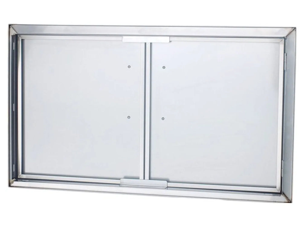 Back view of Sunstone BA-DD42 42" double access door showing 304 stainless steel construction, reinforced panels, and full mounting frame.