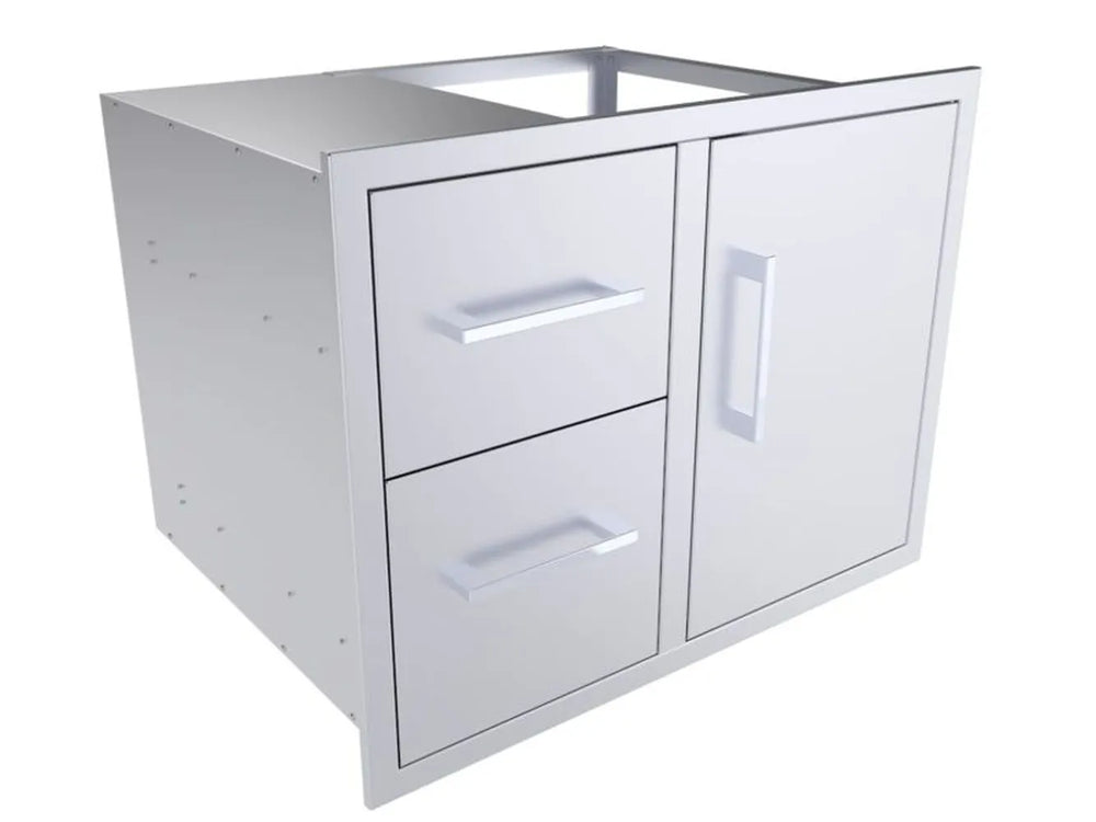 Angled view of Sunstone BA-DDC30 30-inch 304 stainless steel outdoor kitchen drawer and door combo.