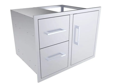 Angled view of Sunstone BA-DDC30 30-inch 304 stainless steel outdoor kitchen drawer and door combo.