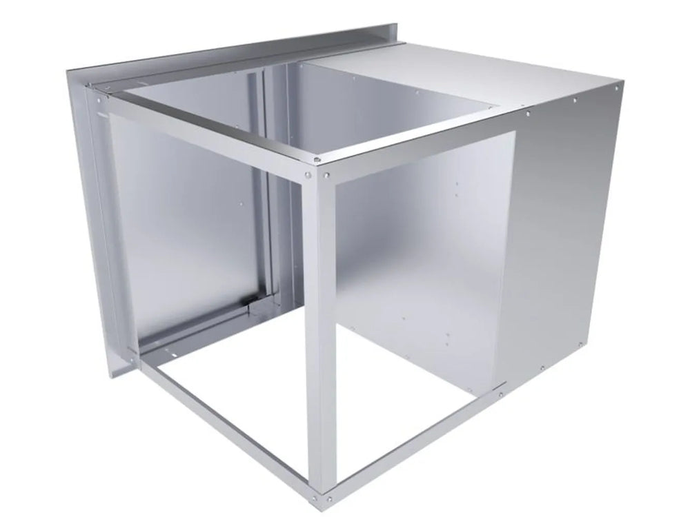 Back view of Sunstone BA-DDC30 30-inch 304 stainless steel outdoor kitchen cabinet frame with cutout opening.