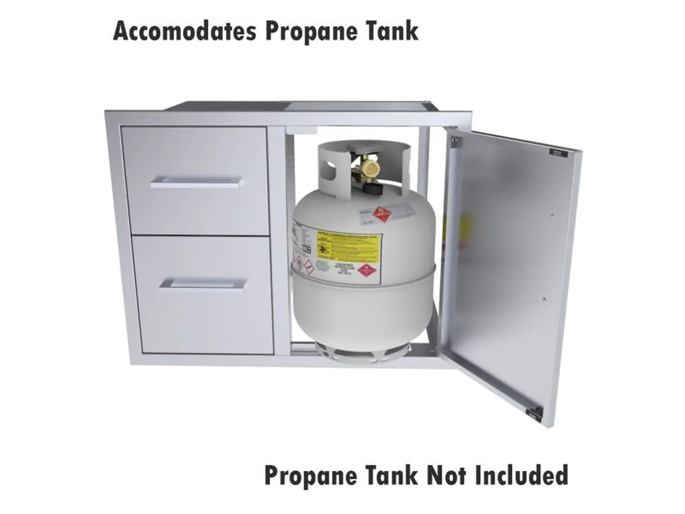 Sunstone BA-DDC30 30-inch drawer and door combo showing space for propane tank storage (tank not included).