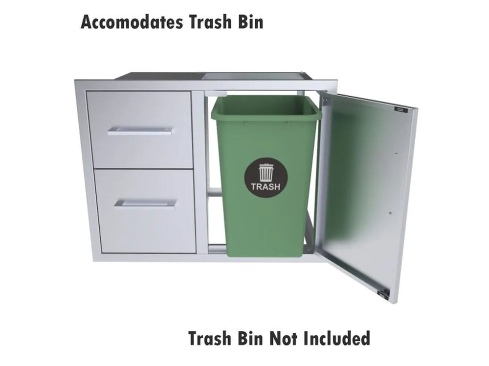 Sunstone BA-DDC30 30-inch stainless drawer and door combo showing space for a trash bin inside (trash bin not included).