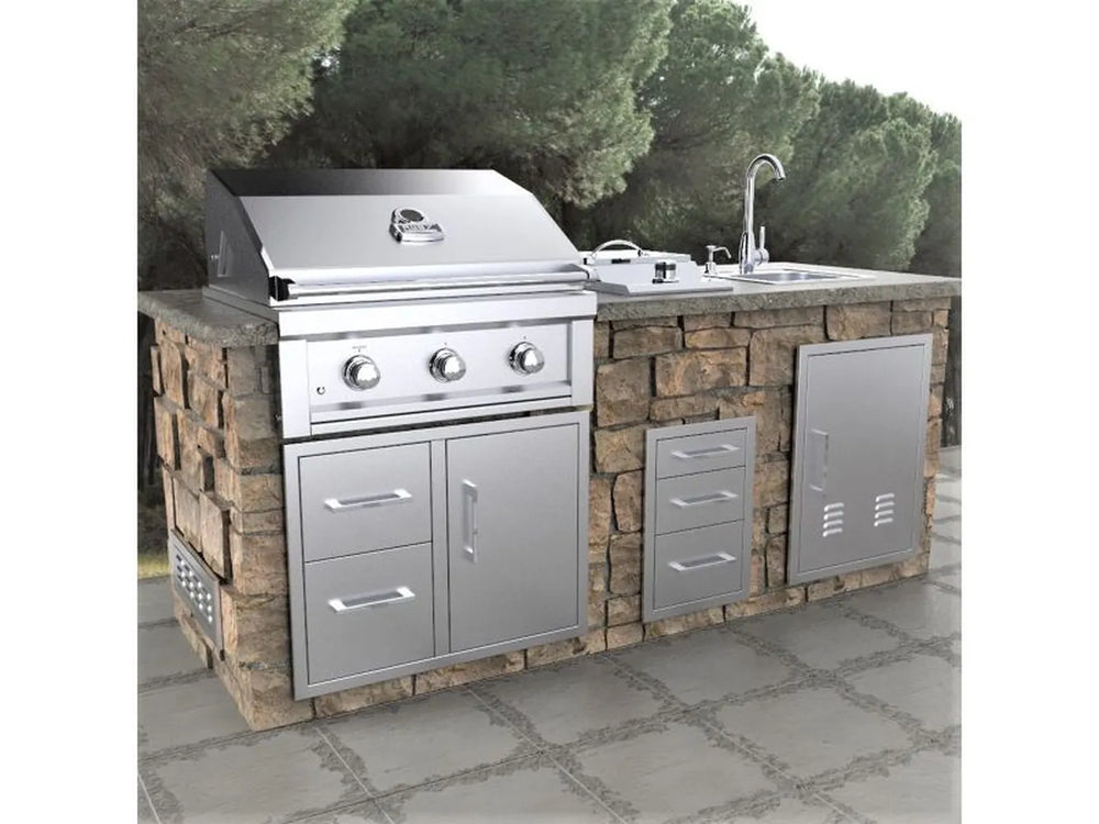 Sunstone BA-DDC30 stainless drawer and door combo installed in stone outdoor kitchen island under built-in grill and sink.
