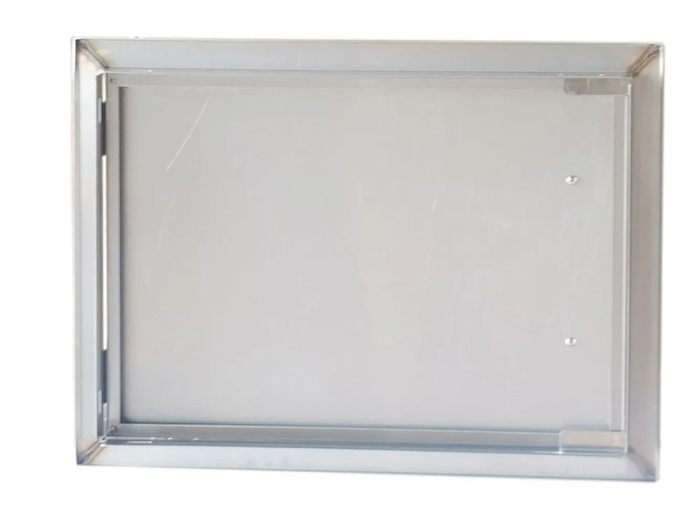 Back view of Sunstone BA-DH1420 reversible access door showing stainless frame, hinge channel, and mounting points.