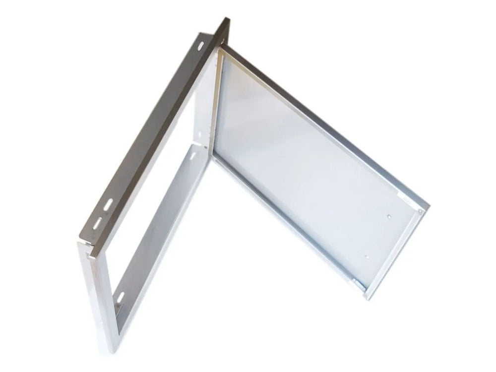 Angled view of Sunstone BA-DH1420 14x20 reversible stainless access door open, highlighting hinge design and mounting flange.