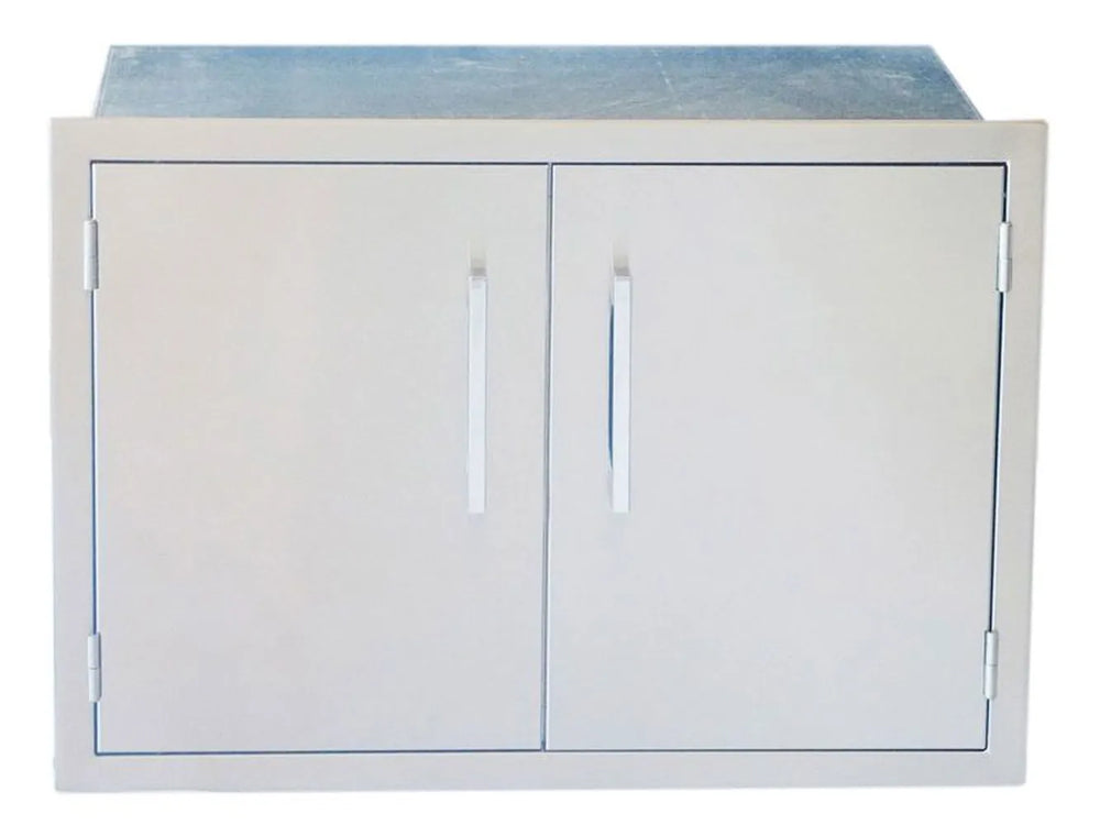 Sunstone BA-DSH30 30" weather-sealed dry storage pantry in 304 stainless steel with double doors, full trim frame, and two vertical bar handles.