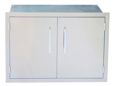 Sunstone BA-DSH30 30" weather-sealed dry storage pantry in 304 stainless steel with double doors, full trim frame, and two vertical bar handles.