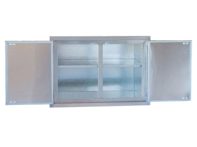 Sunstone BA-DSH30 dry storage pantry with both doors open, showing stainless interior with center divider and shelf storage.