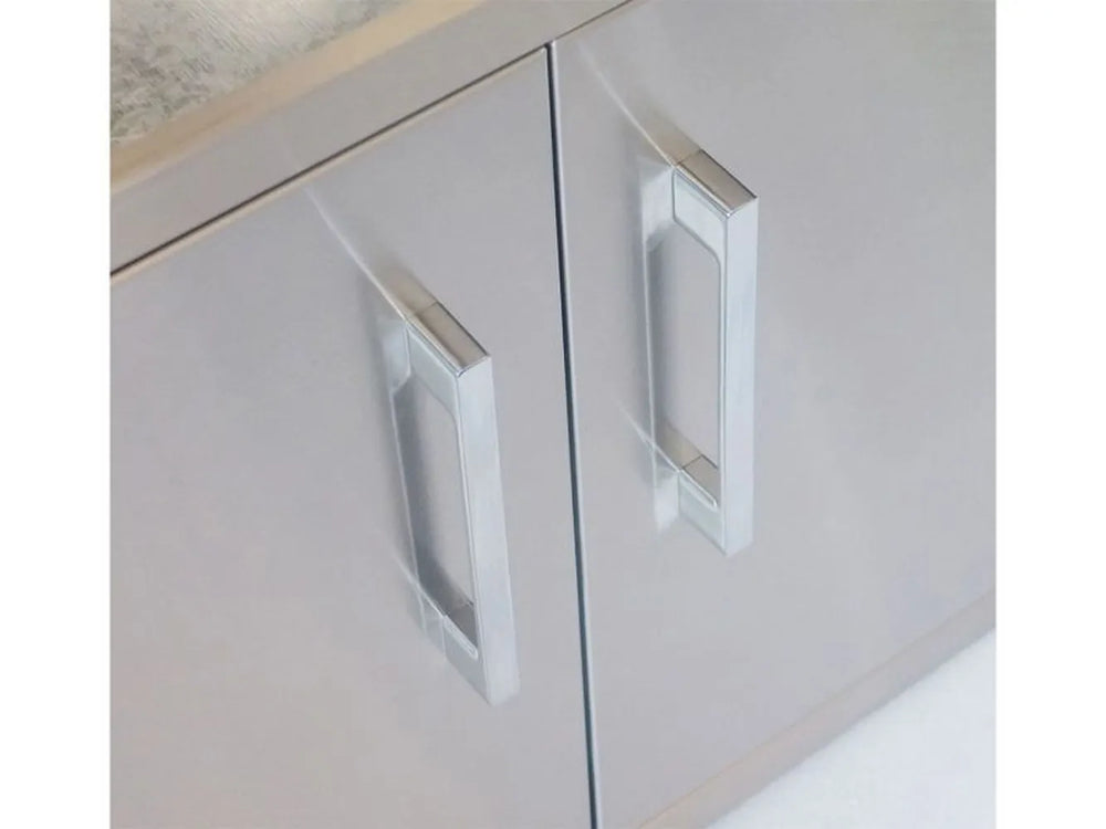 Close-up of Sunstone BA-DSH30 stainless steel bar handles on double pantry doors with weather-sealed design.