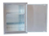 Sunstone BA-DSV1724 dry storage pantry with door open, showing weather-sealed stainless interior and adjustable shelf for outdoor kitchen storage.