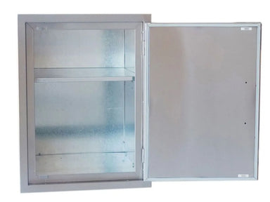 Sunstone BA-DSV1724 dry storage pantry with door open, showing weather-sealed stainless interior and adjustable shelf for outdoor kitchen storage.