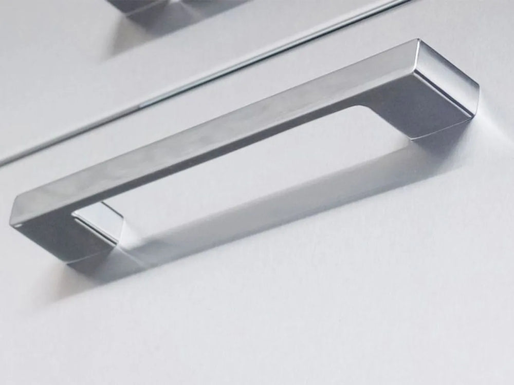 Close-up of Sunstone BA-DSV1724 stainless steel bar handle on weather-sealed dry storage pantry door.