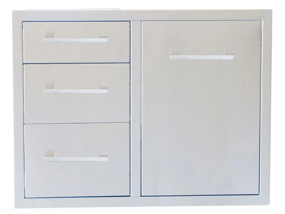 Sunstone BA-LPCTD30 30-inch stainless propane and trash drawer combo with three drawers on left and access door on right.