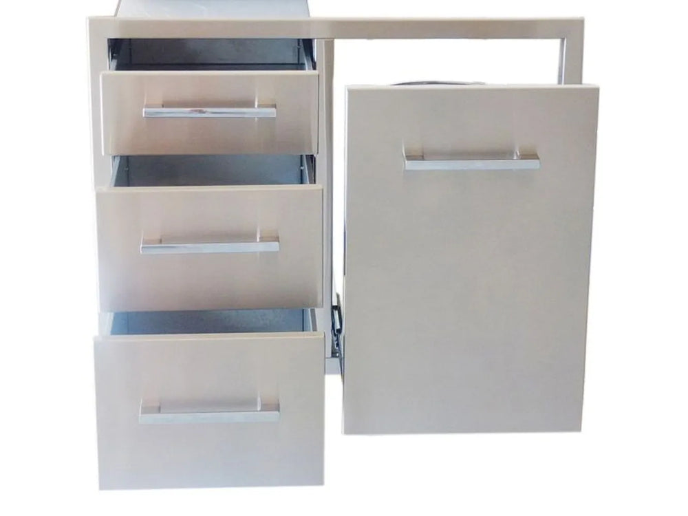Sunstone BA-LPCTD30 propane and trash drawer combo with three pull-out drawers extended and right access door open.