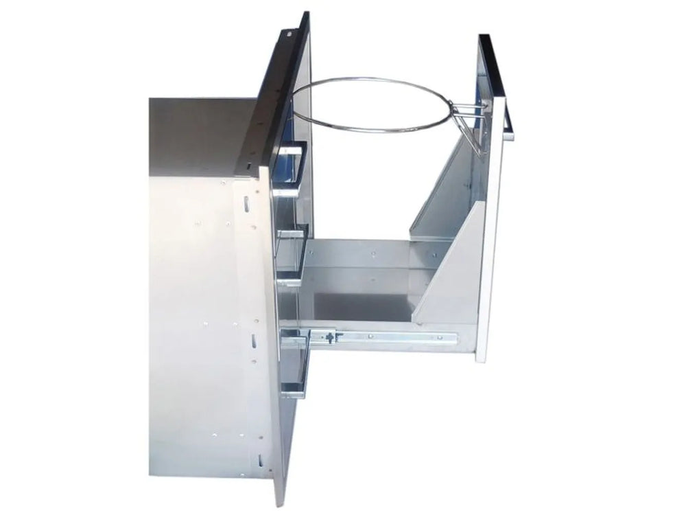 Side view of Sunstone BA-LPCTD30 showing pull-out propane tank tray with circular tank support ring.