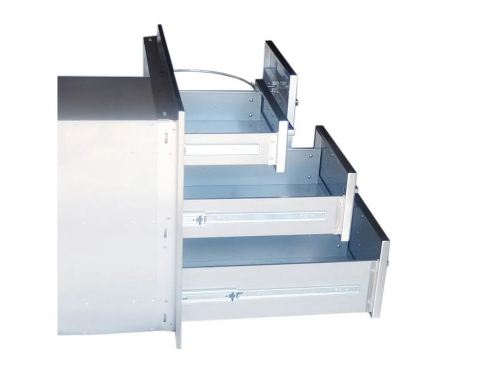 Side view of Sunstone BA-LPCTD30 showing three stainless pull-out storage drawers extended on sliding rails.