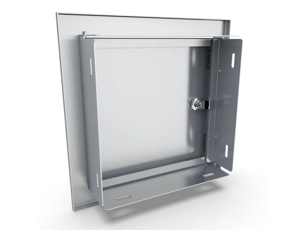 Rear view of Sunstone BA-SD12 beveled stainless access door showing mounting frame and hinge bracket.