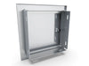 Rear view of Sunstone BA-SD12 beveled stainless access door showing mounting frame and hinge bracket.