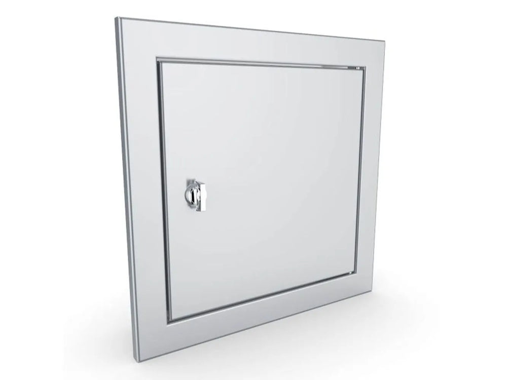 Angled closed view of Sunstone BA-SD12 12x12 beveled stainless steel utility access door with polished latch.