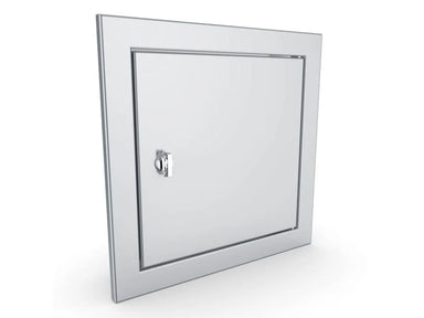 Angled closed view of Sunstone BA-SD12 12x12 beveled stainless steel utility access door with polished latch.