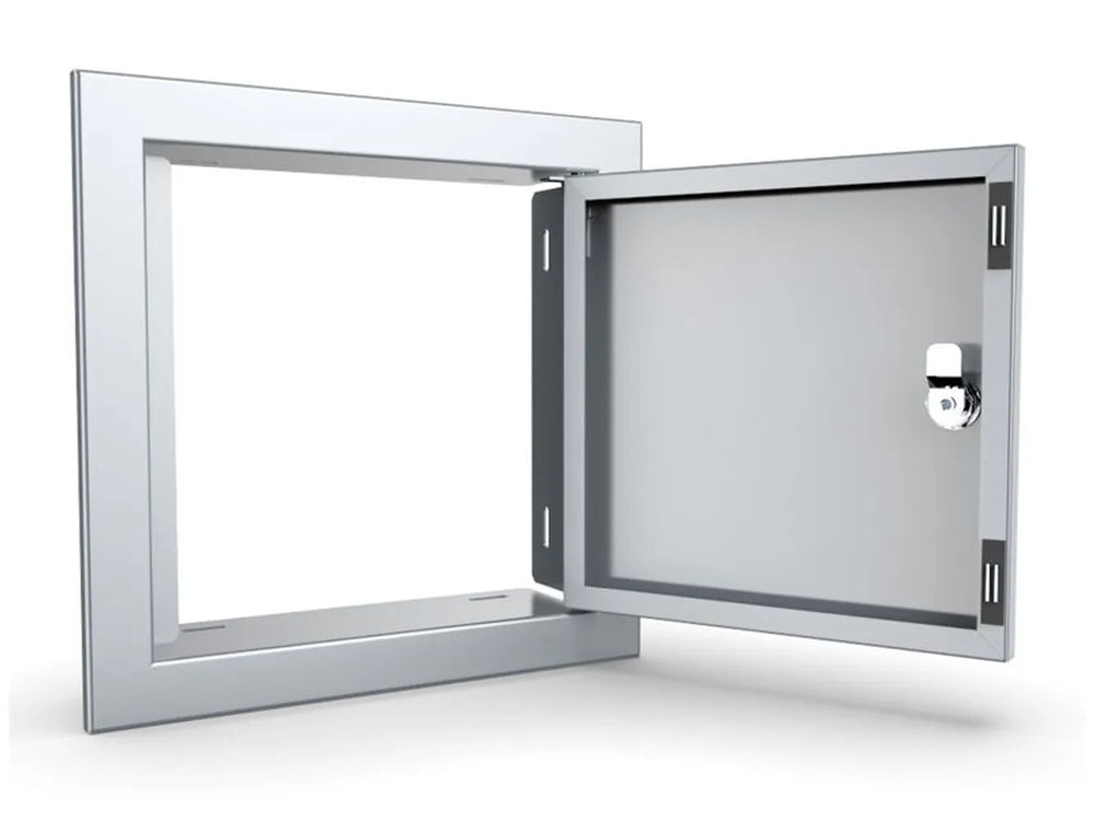 Sunstone BA-SD12 12x12 utility access door open, showing stainless frame, hinges, and latch mechanism.
