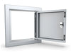 Sunstone BA-SD12 12x12 utility access door open, showing stainless frame, hinges, and latch mechanism.